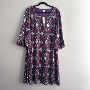 Chico's Purple Multicolor Boho Paisley 3/4 Bell Sleeve Dress Womens 16/18 NWT